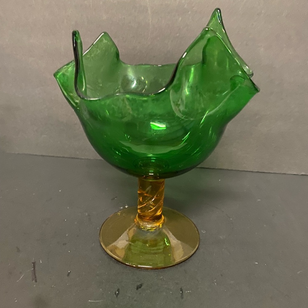Mid-Century Vintage Blown Green Glass With Amber Twisted Stem .Rare Find.
